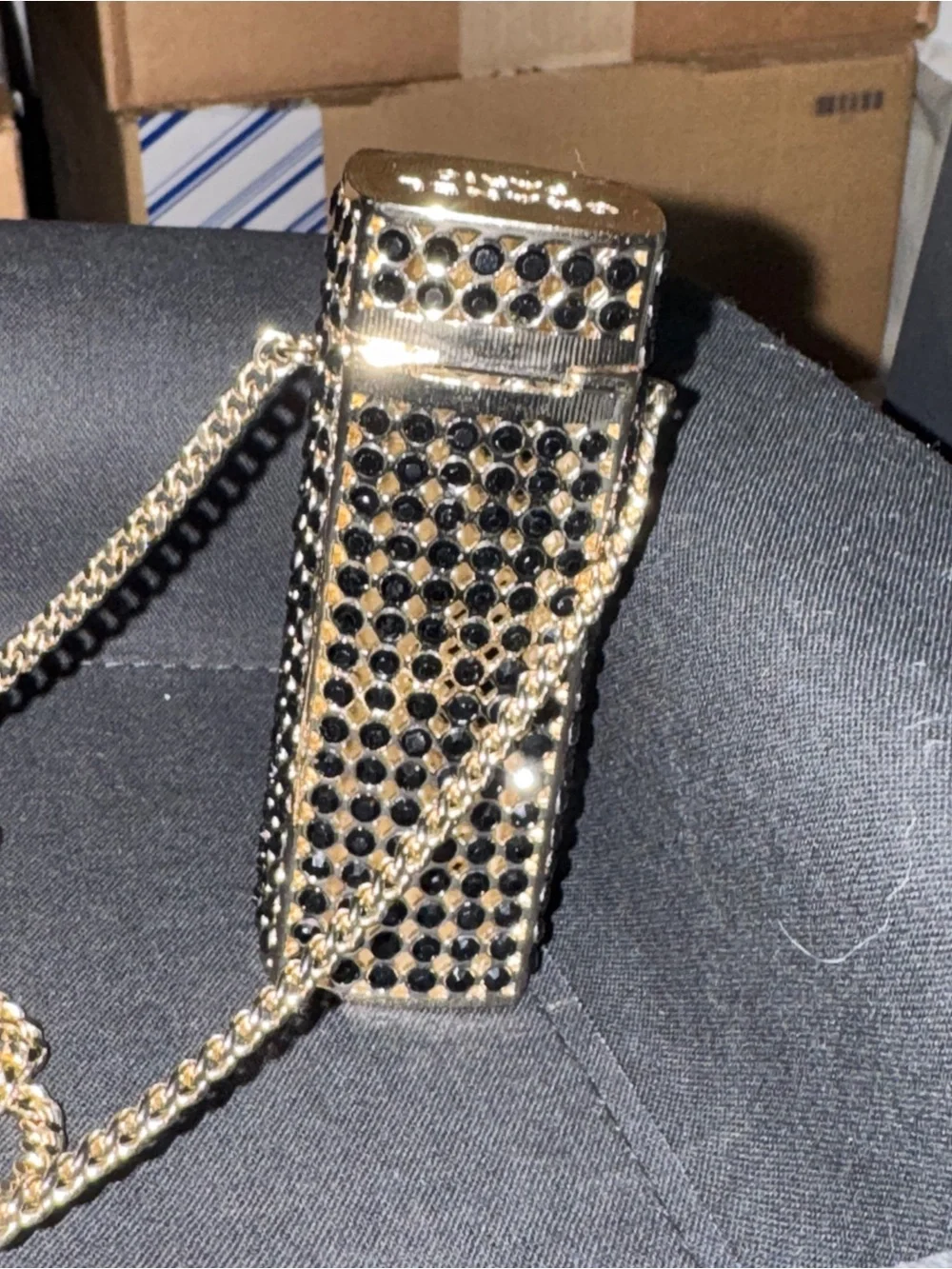 CHANEL Black and Gold Crystal Lipstick Pendant Necklace